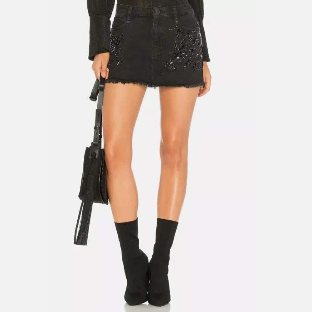 Free People Skirt 6 Black Mini Stretch Denim Crystal Beaded Frayed
